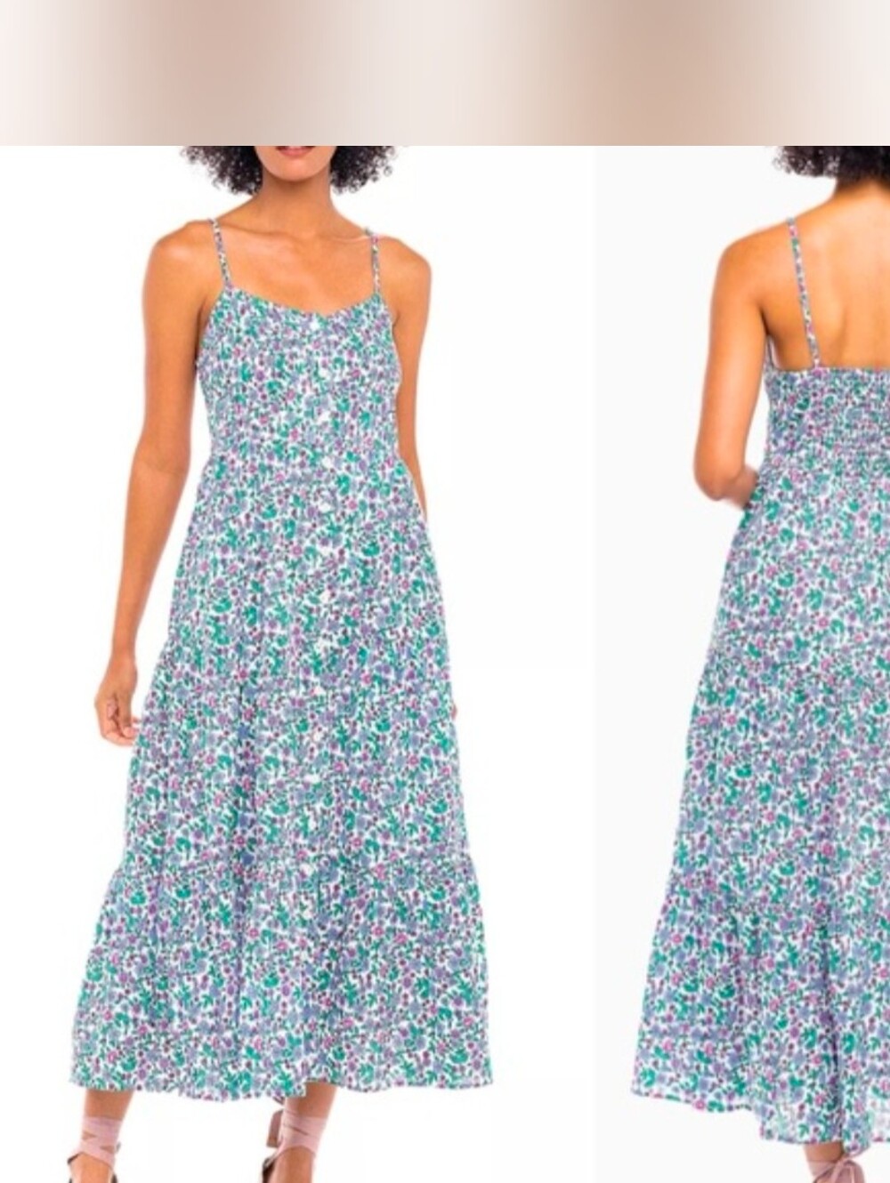 Banjanan Beryl Hedgehog White Blue Floral Tiered Button Down Maxi Dress Size S